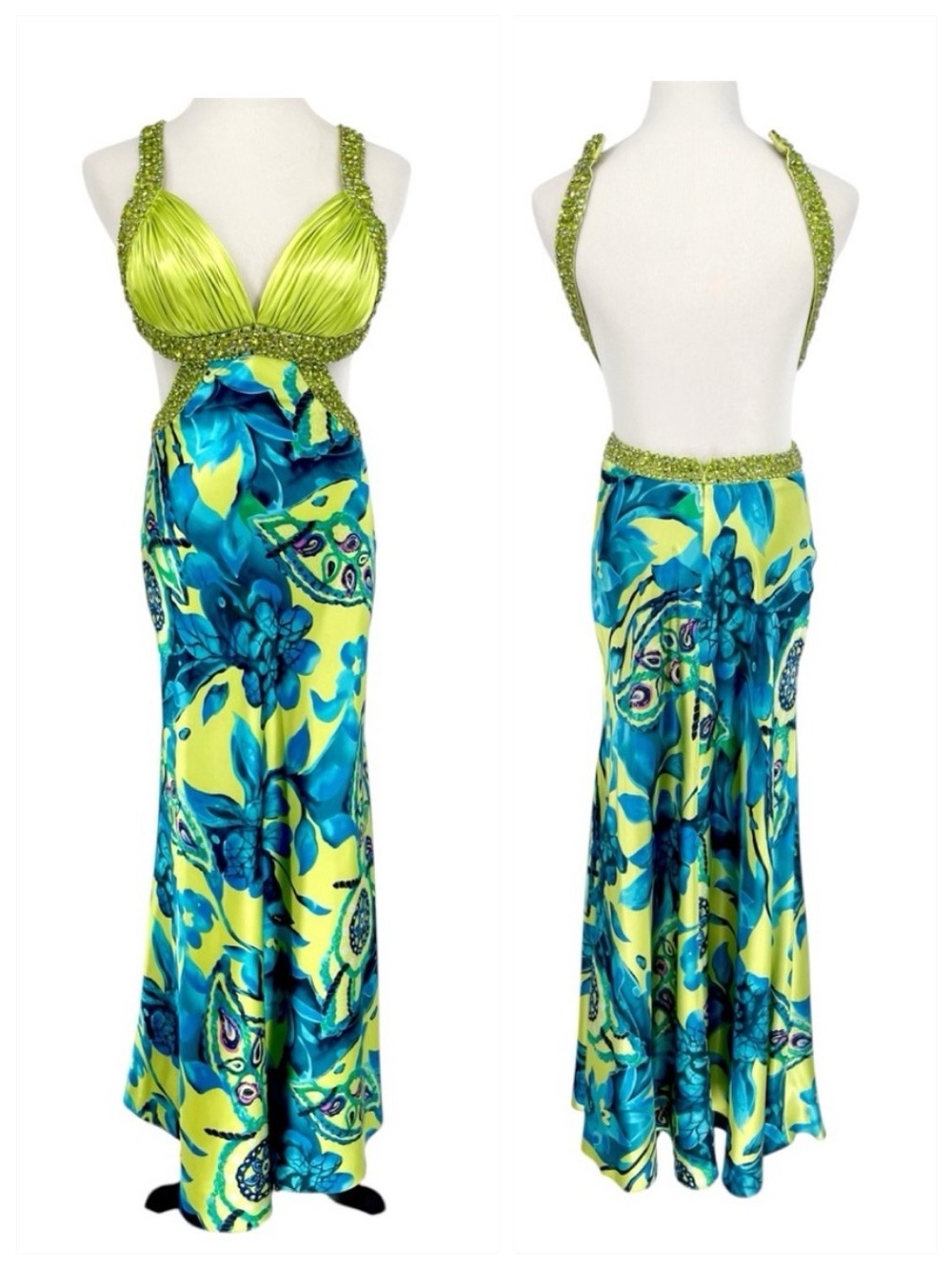 Y2K Vintage Bodice Prom Dress Green and Blue Floral